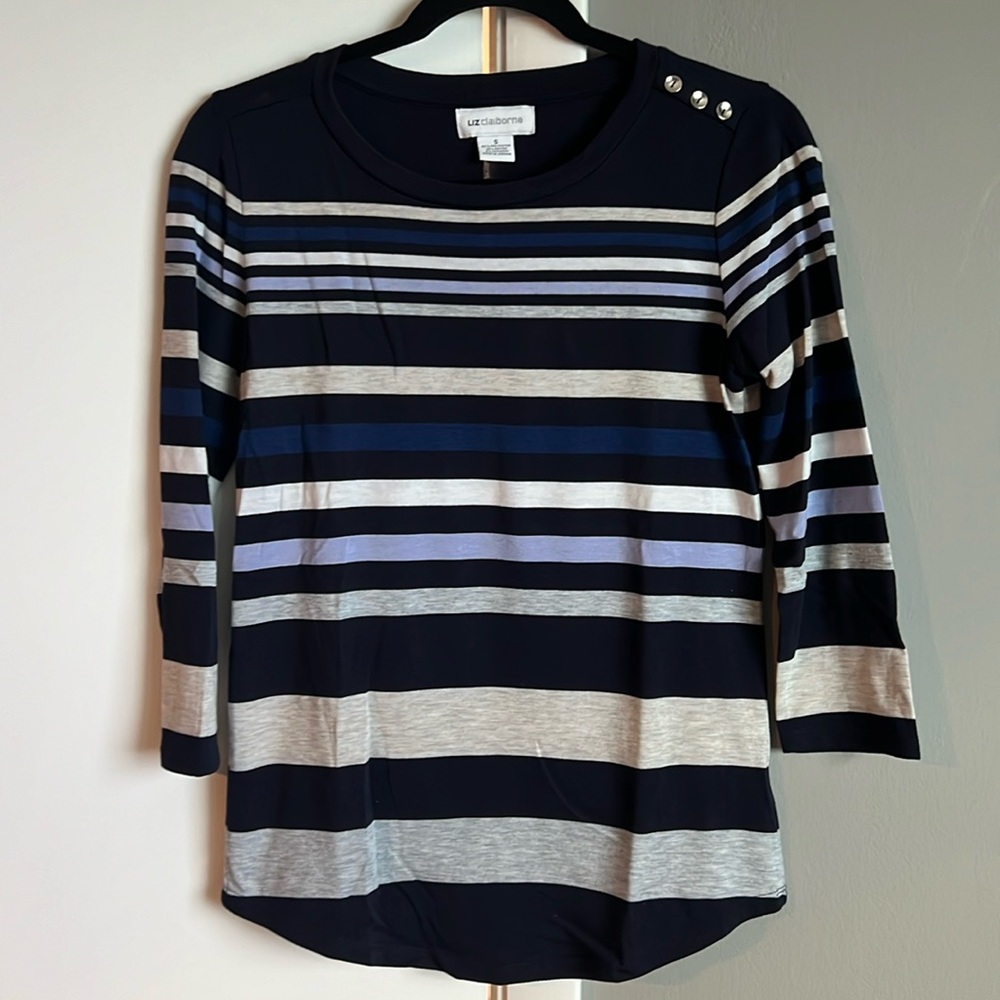 Liz Claiborne women’s navy & neutrals striped sweater, size S, EUC